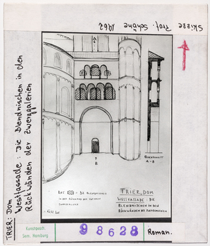 Vorschaubild Trier, Dom:  Westfassade, Blendnischen in den Rückwenden der Zwerggalerien. Skizze Wolfgang Schöne 1962 